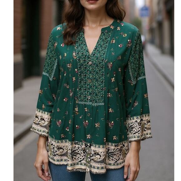 Fig and Flower Peasant Top Womens Large Green Cottage Floral Border Boho Blouse - Picture 1 of 10